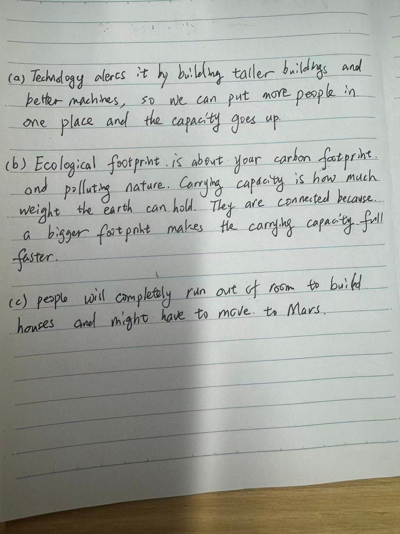 Sample handwritten FRQ student response for AP Environmental Science review example